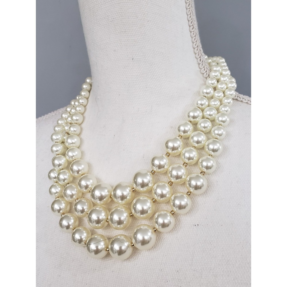 VINTAGE Necklace Graduated Faux Pearls Three Strands Acrylic Jewelry Gold Tone